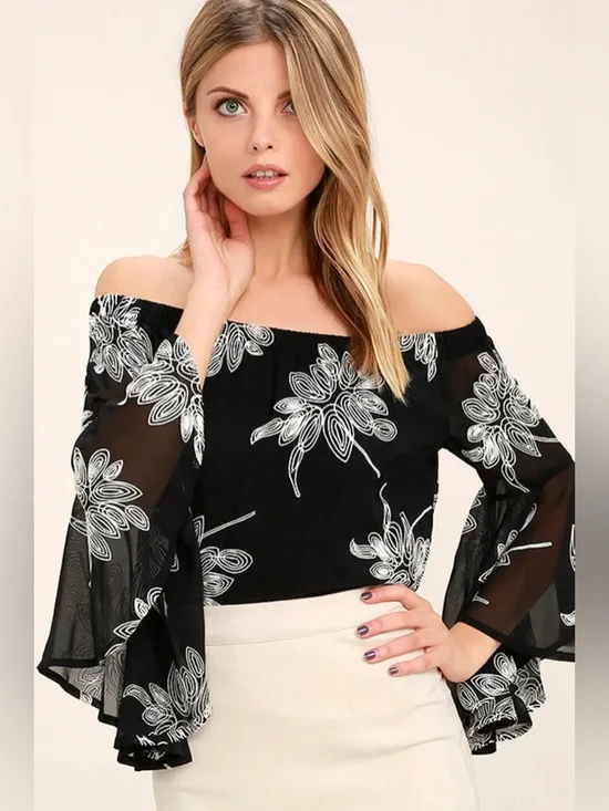 Lulus All I Want is You Black and White Off-the-Shoulder Top - Picture 1 of 10